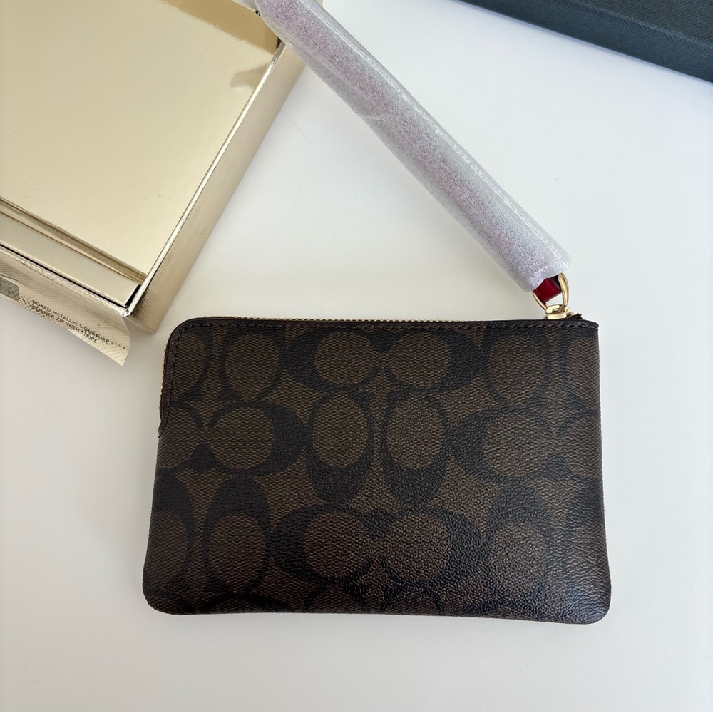 NWT Coach Signature Metallic Corner Zip Wristlet Dark Brown Red Strap - Picture 5 of 6